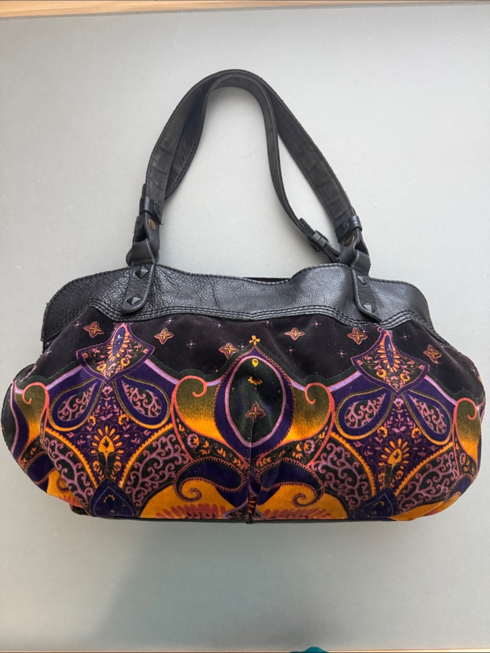👜 Lucky Brand Purse Leather Velvet Paisley celestial Shoulder Bag Tote